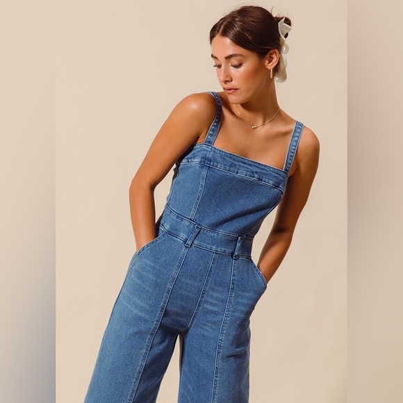 Wide Leg Denim Jumpsuit - Picture 3 of 6